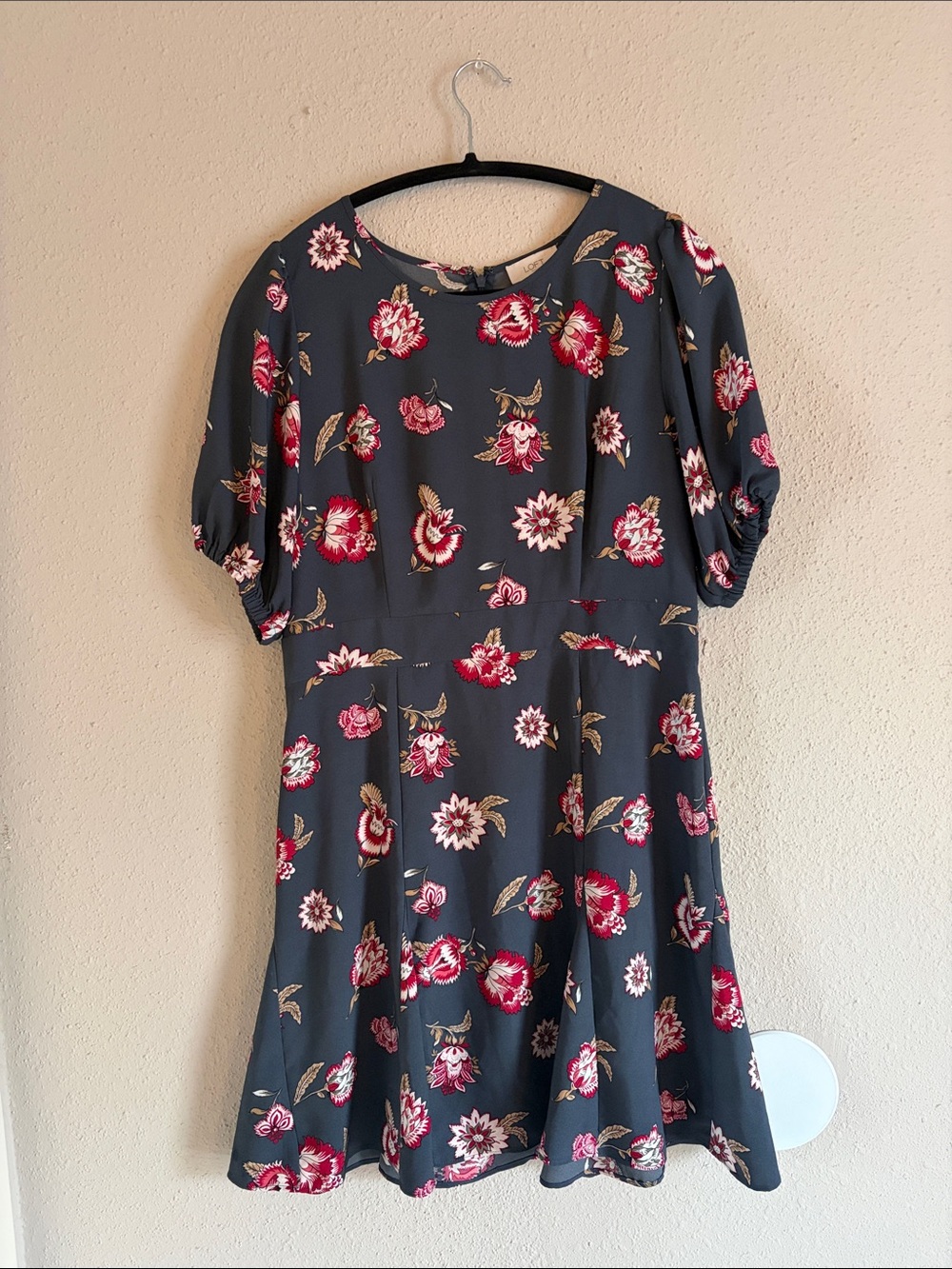 LOFT Charcoal Midi Dress with Red and Pink Floral Print - Picture 1 of 6